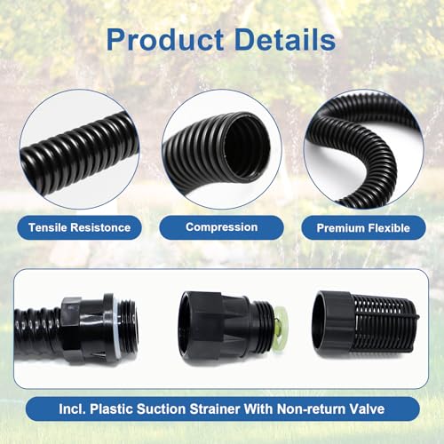23FT x 1" Suction Hose Kit with Check Valve, for Well Pump Water Intake | Easy to Install for Quickly Water Sucking from Garden Pond Canal Reservoir, Corrugated Pipe 23FT Long with 1”Female Inlet - size: 23FT Suction Hose Kit