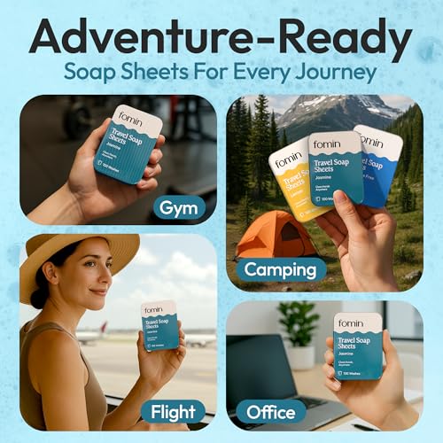 FOMIN - Paper Soap Sheets for Traveling - 300 Jasmine Portable Hand Soap Sheets for Travel in Tin - Dissolvable Mini Portable Travel Soap Sheet for Hand Washing, Camping and Hiking - color: Jasmine (Pack of 3)