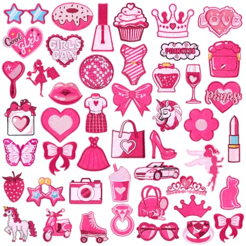 Hotop 48Pcs Pink Iron on Patches for Girls Jeans Jacket - style: Hot Pink Girl