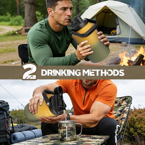 NATURE PIONEOR 128oz/1 Gallon Tactical Water Bottle with MOLLE Bottle Pouch | 18/8 Food-grade Stainless Steel, Double Vacuum Insulation, Wide-Mouth, Straw & Spout Lid, Strap, Camping, Hiking, Gym, Work - color: Brown Green, size: 128 Ounces