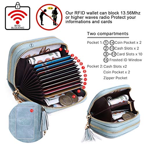 APHISON RFID Credit Card Holder Zipper Card Case Keychain Small Wallet for Women 1942-2 BLUE - color: B-BLUE-2（double zip）