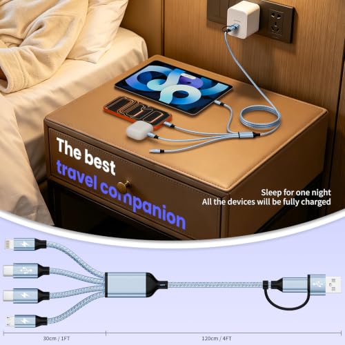 MPATIBY 4 in 2 Multi Charging Cable, 1 Pack 5FT Dual Input Charging Cords | USB A & USB C Inputs with Dual USB C, IP & Micro Outputs, Travel Essentials, Phone Charger for Multiple Devices - color: Blue+White, size: 1Pack5FT