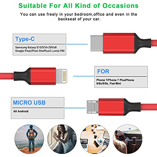 Multi 3 in 1 USB Extra Long Cable, 3M/10Ft Nylon Braided Universal Phone Charger Cord Type C/Micro USB/iPhone Lightning Connector for Android/Tablets/Samsung S8/LG/Pixel/Huawei and More (Red) - color: Red