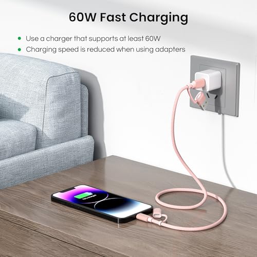 Basesailor 4 in 1 USB C to USB C Cable 1ft,60W Fast Charging Multi Charger - color: Pink, size: 1FT/0.3M