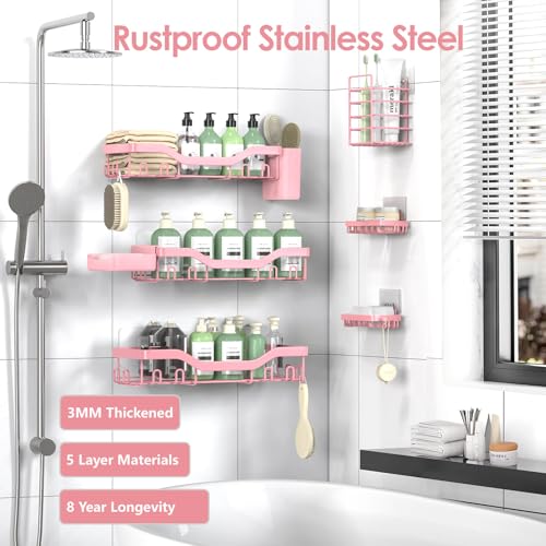 NESOMI Shower Caddy Adhesive Shower Organizer 8-Pack, Rustproof Stainless Steel Bathroom Shelves, Large Capacity No-Drill Rack Storage Accessories with Soap Dish Toothbrush Holder Hooks - color: Pink, size: 8-Piece Set