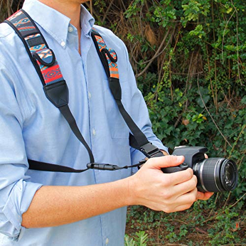 USA Gear DSLR Camera Strap Chest Harness with Quick Release Buckles, Southwest Neoprene Pattern and Accessory Pockets - Compatible with Canon, Nikon, Sony Point and Shoot and Mirrorless Cameras - color: Southwest