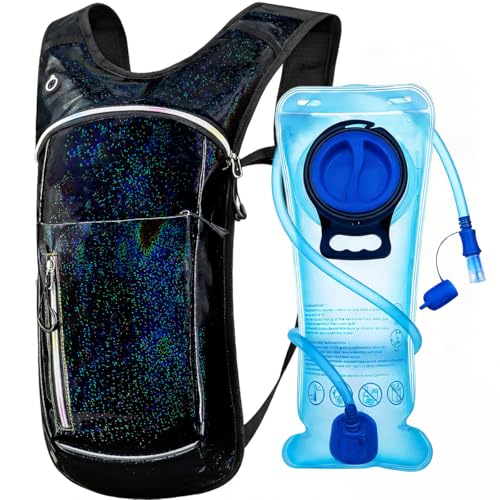 Hydration Backpack, Water Backpack with 2L Hydration Bladder, Rave Backpack Hydration Pack, Festival Essential for Raves, Hiking, Cycling, Climbing, Running, Outdoor, Camping and More - color: Holographic - Black