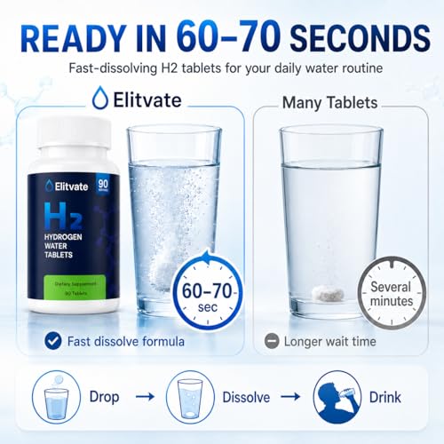 Hydrogen Water Tablets with Magnesium, 12 PPM Molecular H2 Tabs, 90 Count | Fast dissolving effervescent tablets, hydrogen rich water in 60 seconds, hydration tablets, lightly tart, 80 mg magnesium