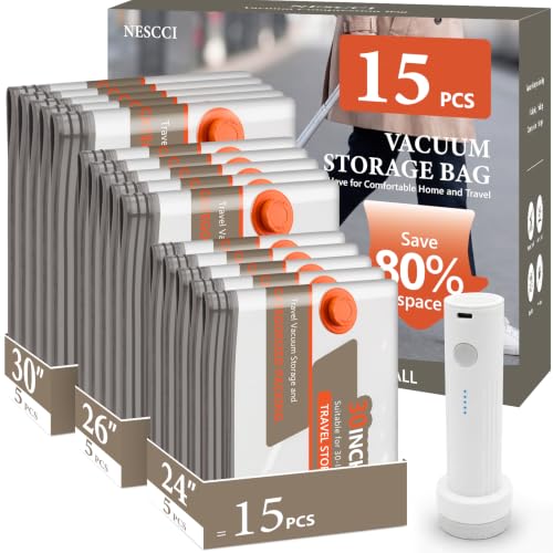 15 Pcs Vacuum Bags for Travel with Rechargeable Air Pump,Space Saver Bags - size: 15 Combo Size (Orange)