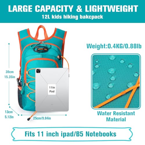 12L Kids Hiking Backpack, Small Hydration Backpack, Waterproof Kids Camping Daypack 5-10, No Water Bladder… - color: Green