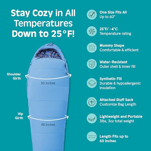 Retrospec Dream 25 Kids Sleeping Bag for Camping - Mummy Style, Water-Resistant, Lightweight 3lbs 3oz, Adjustable Length, Draft Collar, 25°F Rating - color: Cloud Dreamer