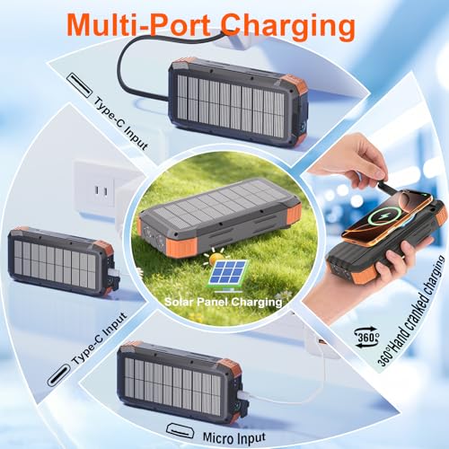 Solar Power Bank 49800mAh, 15W 3-in-1 Wireless Charger, 25W Fast Charging USB C Portable Charger, Solar & Hand Crank External Battery with LED Flashlight for Camping Outdoor Emergency iPhone Android