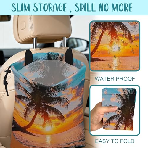 Car Garbage Bag Palm Tree Sunset at a Beach Hanging Canvas Car Trash Bag Drawstring Car Back Seat Organizer for Car Back Front Seat Console with Adjustable Buckle - color: Palm Tree Sunset at a Beach