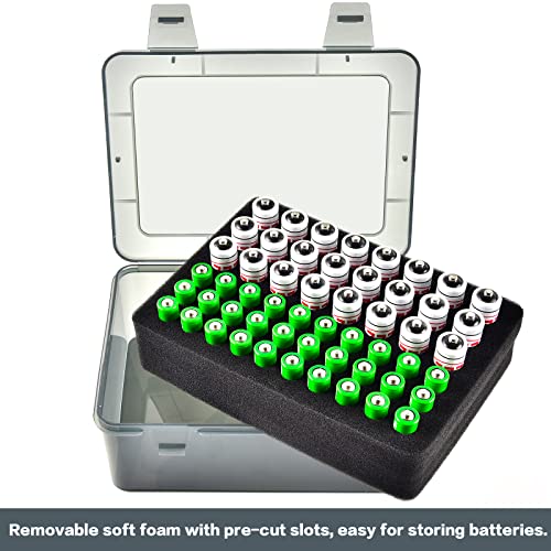 FULLCASE Battery Organizer Storage Box Fits 54 AA AAA Batteries,Grey | Clear Hard-shell,Battery Box, with 24 AA and 30 AAA Foam Slots, Secure Latch and Carry Handle for Drawers,Shelves and Travel - color: Grey