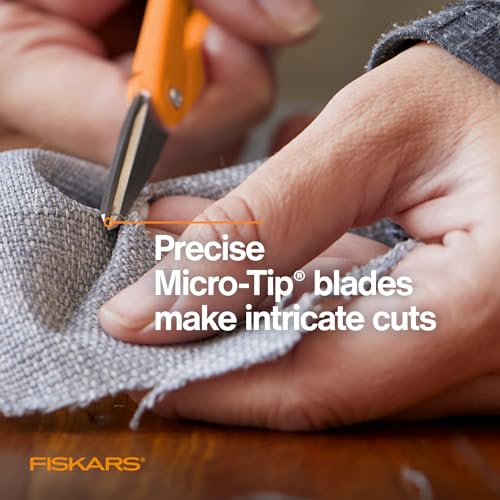 Fiskars 5" Orange-Handled Micro-Tip Fabric Scissors, No. 5 | For Tight & Intricate Detail Sewing & Craft Projects, Precision-Ground Blades Stay Sharp, Ambidextrous Double-Loop Handle - size: 5”, style: Double Loop Handle