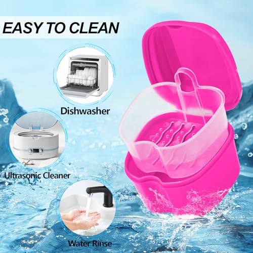 Denture Cup Retainer Cleaning Case False Teeth Soaking Container with 2 Brushes, Dental Retainer Cup Holder Case Denture Soaking Storage Box Case - White & Rose Red - color: White & Rose Red