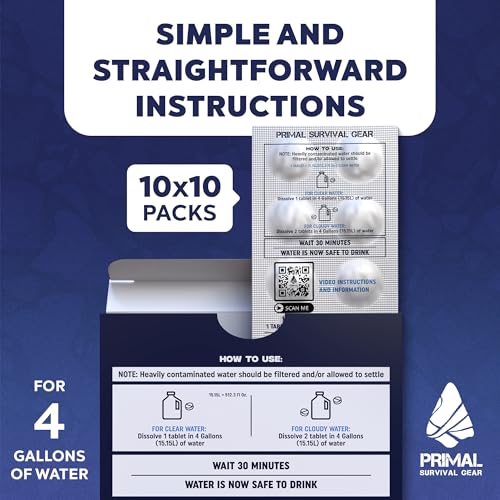 Water Purification Tablets- Water Purifier Tablets for Emergency Water - Hiking, Camping, Survival, Emergency – Drinking Water Filtration System Survival Tabs - Purificador De Agua - 100 Tablets - 4G - size: 15 Liters
