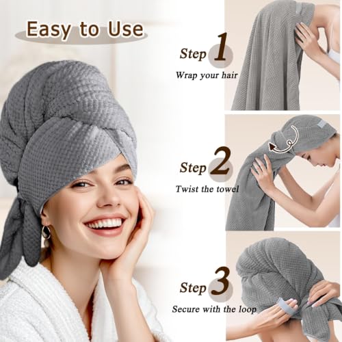 Large Microfiber Hair Wrap Towel for Women, Quick-Dry & Absorbent (Grey) | Absorbs water fast and reduces frizz, fits long and curly hair, soft, lightweight, secure elastic loop keeps wrap in place - color: Grey-1