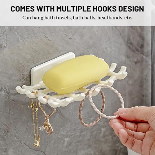 Shower Soap Holder for Wall, Adhesive Bar Soap Dish with Self Draining Grid, Side Hooks and No Drilling Mount, White, 2 Pack - color: White