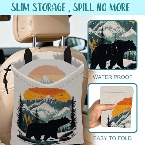 Black Bear Car Garbage Bag Mountain Orange Sunset Drawstring Car Trash Bag Hanging for Back Seat with Adjustable Buckle Canvas Vehicle Trash Can Easy-to-Install - color: Black Bear