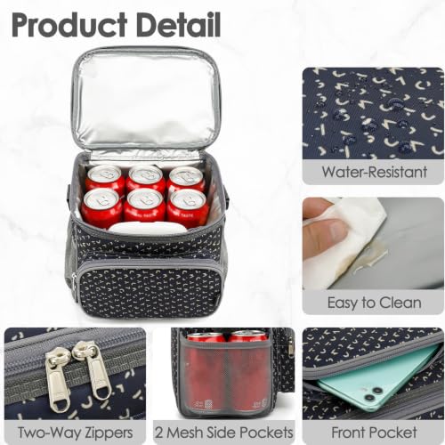 FlowFly Insulated Reusable Lunch Bag Adult Large Lunch Box for Women and Men with Adjustable Shoulder Strap,Front Zipper Pocket and Dual Large Mesh Side Pockets,Alphabet - color: Alphabet