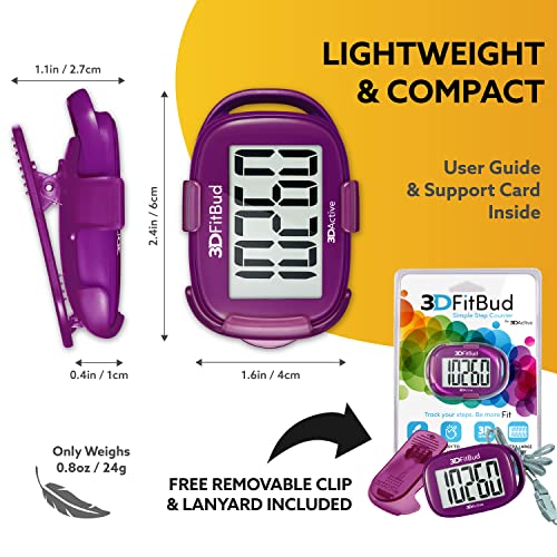 3DFitBud Simple Step Counter Walking 3D Pedometer by 3DActive with Clip, Lanyard Accurate Step Tracker Large Display, Easy to Use for Kids Men Women Adult Seniors Daily Step Tracking - A420S - color: Plum