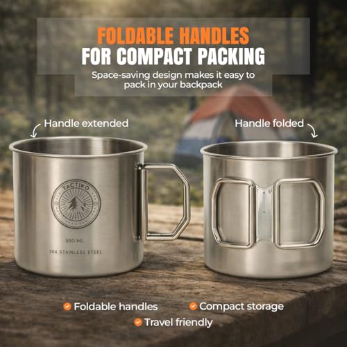 Tactiko 304 Stainless Steel Camping Mugs with Carabiners | Heavy-Duty | Large Metal Coffee Cup or Solo Cook Pot w/ Folding Handle | Backpacking Gear for Hiking, Overlanding & Survival | 18 oz/550ml