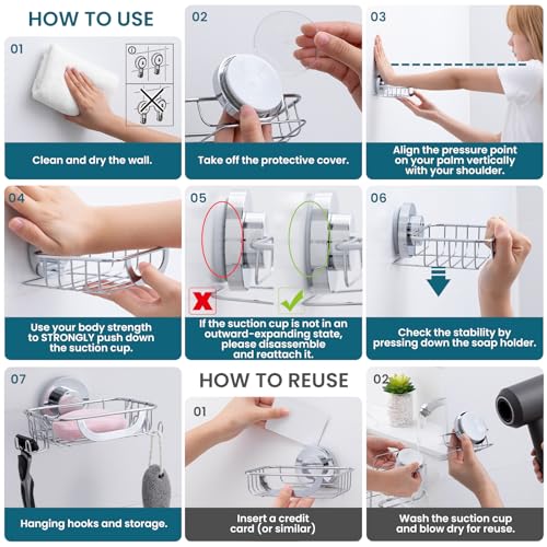 TAILI Soap Holder, Soap Dish Suction Cup with Hooks, Stainless Steel,Silver | Soap Dish for Shower, Bathroom Bar soap holder Shower Wall, Stainless Steel Sponge Holder for Tub Kitchen - color: Silver