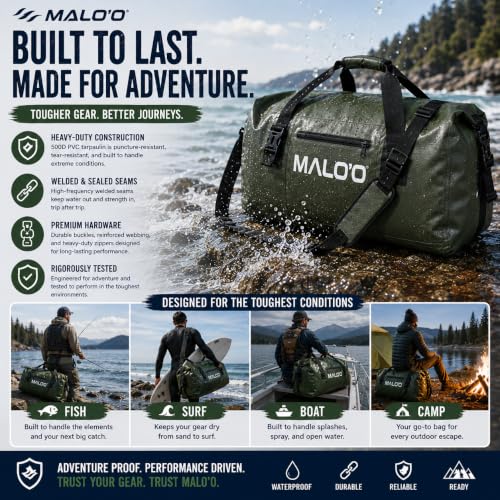 Malo’o Waterproof Dry Duffel, Heavy-Duty Roll Top Waterproof Gear Bag with Shoulder Strap & Molle Loops, Marine Duffel for Kayaking, Boating, Camping, Beach & Travel, Red, 100L - color: Red, size: 100L