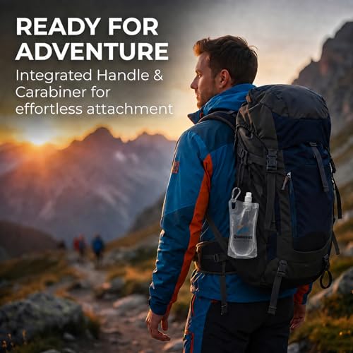 Quinnsus 2-Pack 1L Collapsible Water Bottles, 33oz BPA-Free Reusable Plastic Flasks, Foldable Backpacking Water Bottle Bag for Traveling, Hiking, Camping, Running