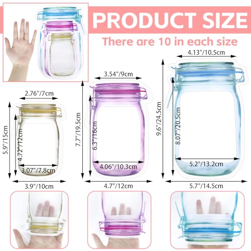 Fireboomoon 30 PCS Multi-Size Mason Jar Bottle Pattern Zipper Bags,Reusable Airtight Seal Leak-Proof Portable Food Snack Save Storage Pouch Bag for Travel Picnic Camping and Kids