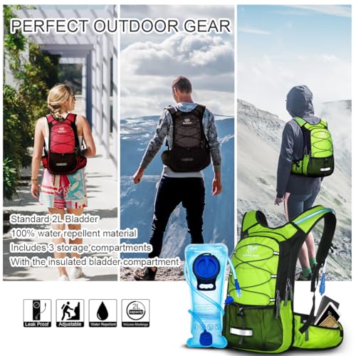 Mothybot Hydration Pack, Insulated Hydration Backpack with 2L BPA Free Water Bladder and Storage, Hiking Backpack for Men, Women, Kids for Running, Cycling, Camping - Keep Liquid Cool up to 5 Hours - color: Grass Green
