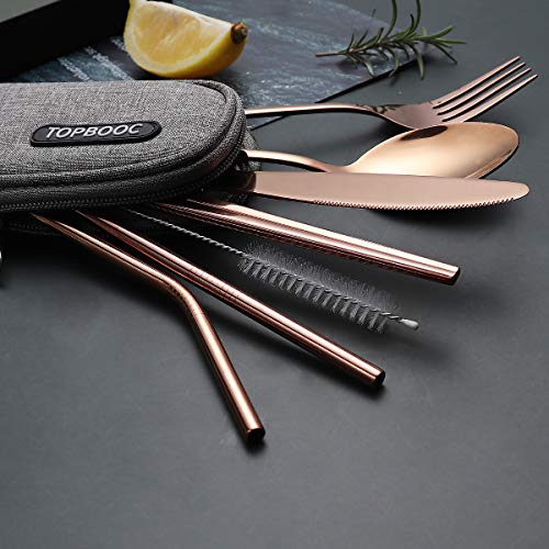 Portable Stainless Steel Flatware Set, Travel Camping Cutlery Set, Portable Utensil Travel Silverware Dinnerware Set with a Waterproof Case (Rose God) - color: Rose Gold