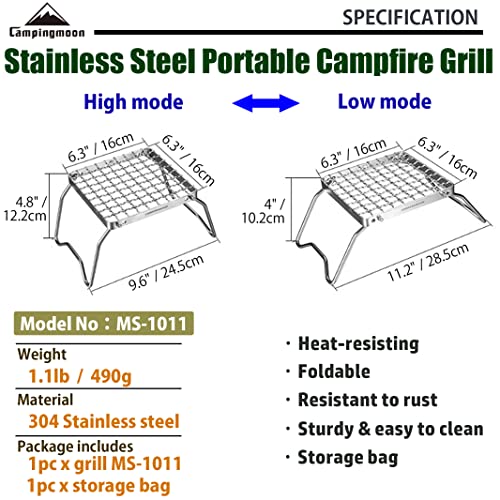 CAMPINGMOON Portable Folding Camping Campfire Grill over Fire Split Stoves 304 Stainless Steel (Grid wire (MS-1011)) - color: Grid wire (MS-1011)