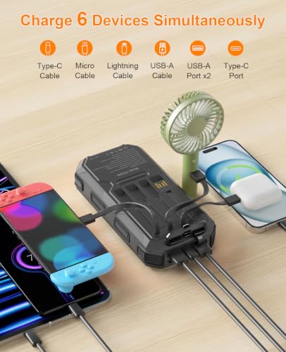 Solar Charger Power Bank 38800mAh, 22.5W USB-C Fast Charging Portable Charger with 4 Built-in Cables, External Battery Pack with Dual LED Emergency Flashlights for Camping, Hiking, Outdoor Use - color: Black