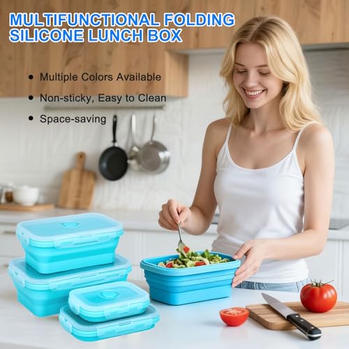 Collapsible Silicone Food Storage Containers 4 Set Airtight Leak Proof Food Containers with Lids Meal Prep for Microwave Freezer Dishwasher for Kitchen Camping Office Navy Blue - color: Navy blue