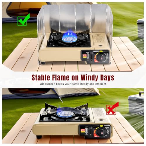 SHINESTAR 7800 BTUs Portable Butane or Propane Camping Stove, Wind Guard | For Outdoor Cooking, Camping, Emergencies, BBQ, Hiking & Backpacking, Propane Adapter Hose, Guard & Carrying Case Included - color: Khaki - 7800 BTU Dual Fuel with Windscreen
