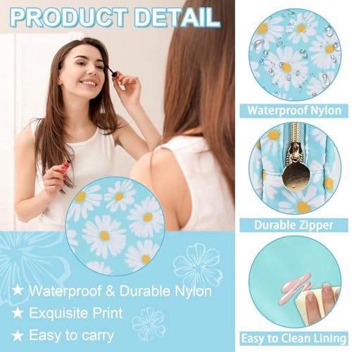 UIXIZQ Waterproof Mini Floral Makeup Bag Pouch for Purse,Nylon Flower Cosmetic Travel Bag Small Preppy Toiletry Organizers Bag for Women Girl,Cute Zipper Pouch Coin Purse for Work(Mini Blue-Daisy) - color: Blue-Daisy, size: Mini