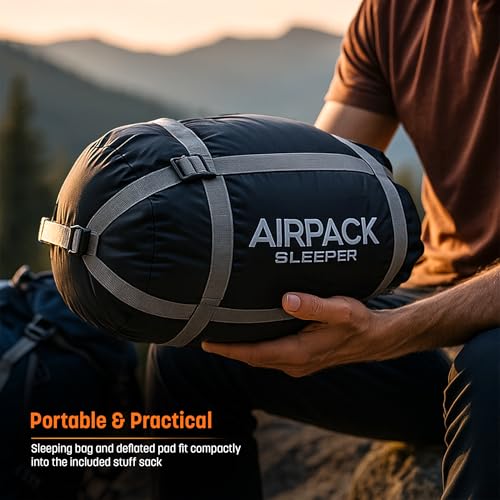 Sleeping Bag with Built-in Pad (AirPack Sleeper) - All-in-One Inflatable Sleeping Pad and Zip-Up Blanket for Camping with Built-in Foot Pump (Black/Green) 80"×30" - color: Black
