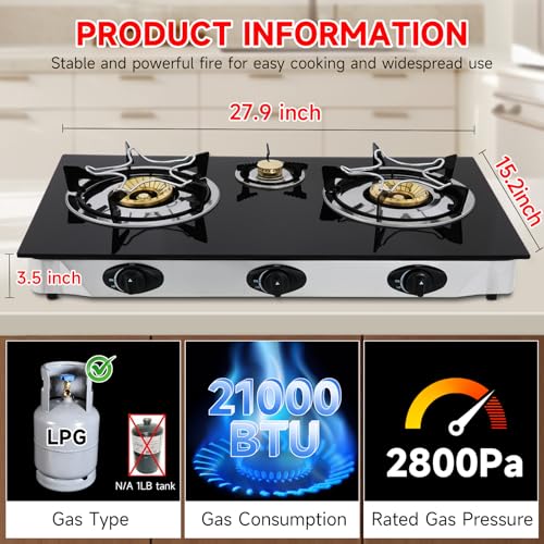 Propane Gas Cooktop,3 Burners Gas Stove portable, 0.28"Tempered Glass, Auto Ignition Camping 3 Burner LPG for RV,Apartments,Outdoor - size: 3 Burners