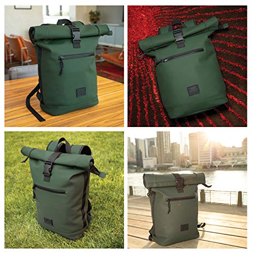 X RAY Roll Top Laptop Backpack for Men Women, PU Leather Expandable Roll Up Backpack Capacity Adjustable 22L & Fits 15.6" Laptop, Dark Olive - color: Dark Olive