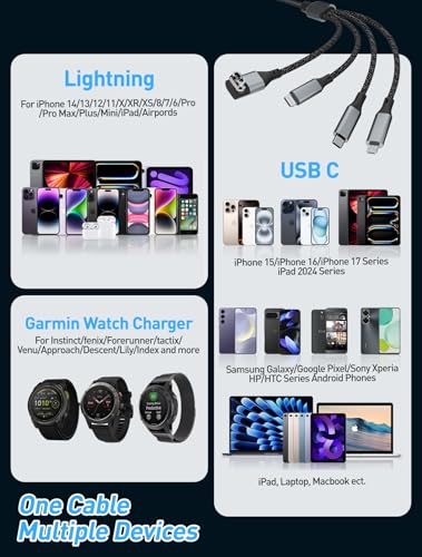 100W Multi Charging Cable for Garmin Watch - 10ft Multiple USB Fast Charging Cord with USB-C (100W), Lightning, Micro-USB & Garmin Watch Charger, Braided for iPhone 17-6, iPad, Android, Laptop