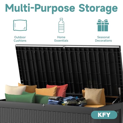260 Gallon Waterproof Outdoor Storage Box, UV Resistant Resin Deck Box with Hydraulic Rod for Reinforced Stability, Perfect for Patio, Garden, and Pool, Striped Black - color: Black, size: 260 Gallon