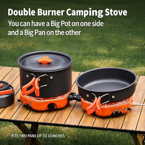 Cofiyard Propane 2 Burner Camping Stove with Carrying Bag, Portable Folding Gas Stove for Camping, Backpacking Camp Stove for Outdoor Cooking, With 17,000 BTU Adjustable Burners for BBQ, Tailgating - color: Orange
