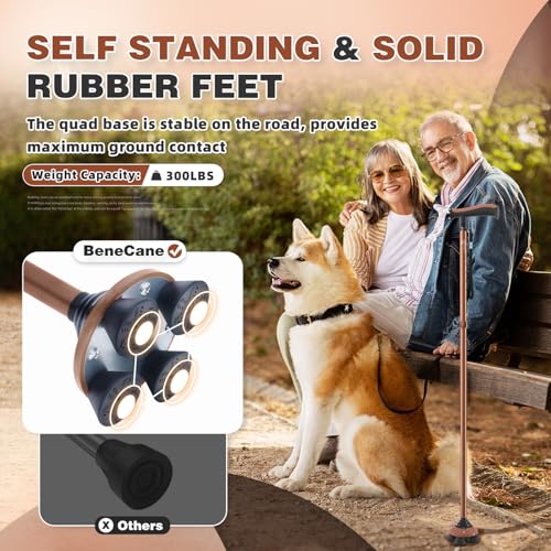 Walking Cane for Men & Women Walking Stick for Seniors Folding Canes Quad Cane Adjustable Lightweight Sturdy Collapsible Heavy Duty with Soft TPR T-Handle and Travel Bag - color: Brown