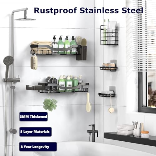 NESOMI 7-Pack Shower Caddy Adhesive,Stainless Steel Shower Organizer Shelf | Rustproof, with Soap Dish Toothbrush Holder, Large Capacity, No-Drill Rack Bathroom Storage Accessories, 24 Hooks, Home Decor - color: Black, size: 7-Piece Set