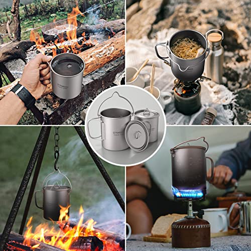 TOMSHOO 750ml Titanium Pot with Lid + 450ml Titanium Mug + Folding Spork | Camping Coffee Cup with Foldable Handle, Backpacking Cup for Hiking Travelling Camping Open Fire - size: 750 mL Pot + 450 mL Cup + Spork