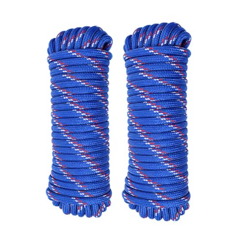 3/8 in × 100 ft Blue Diamond Braided Polypropylene Rope with Non-Woven Core, 32-Strand High Strength for Clothesline, Flagpole, Camping, Indoor & Outdoor Use (2 Pack, 50ft Each) - size: 3/8" x 100FT, style: Blue