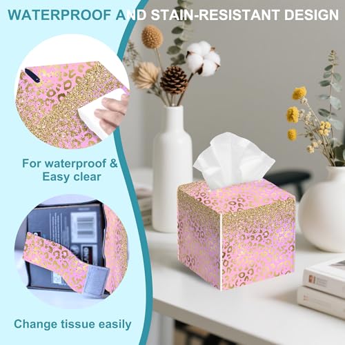 Pink Golden Leopard Tissue Box Cover Square,Gold Glitter Leather Tissue Holder,Waterproof Leather Facial Paper Organizer Tissue Box Cover for Home Office Bathroom Vanity Countertop,5.2" x 5.2" x 5.2" - color: Pink Golden Leopard