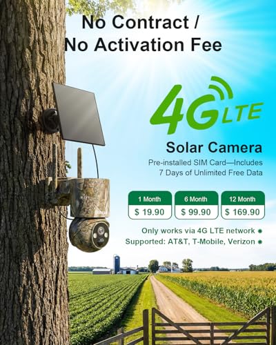 4G LTE Cellular Trail Camera with SIM, Solar, 2K 360° PTZ, No WiFi | Live View, Color Night Vision, Motion Detection, Camouflage, Hunting, Wildlife, Remote App View, Solar Powered, Waterproof